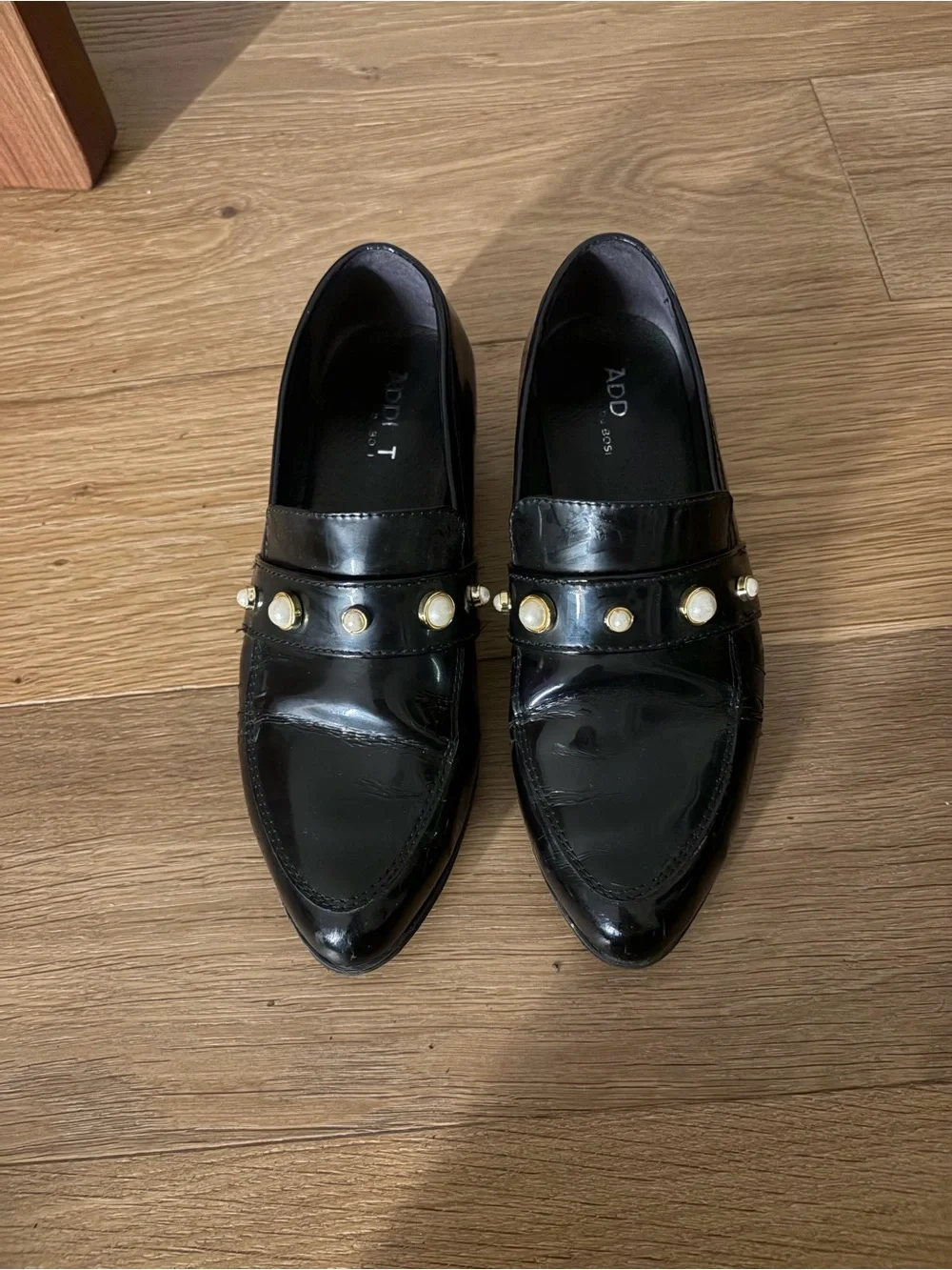 Black Patent Loafers with Pearl Accents
